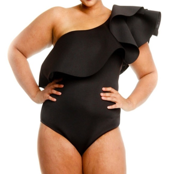 Tops - Black One Shoulder Ruffle Bodycon Bodysuit Top